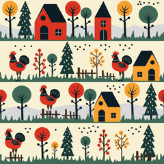 village with houses and roosters against a background of trees. seamless vector pattern