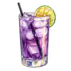 A vibrant cocktail glass filled with ice, featuring a slice of lemon and a straw, showcasing a rich purple hue.