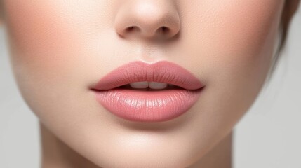 Obraz premium Cropped image of a woman's face, chin and lips. Perfect, smooth, well-groomed skin, natural lips. Face lift. Advertising concept for natural beauty, skin care, cosmetology and cosmetic products