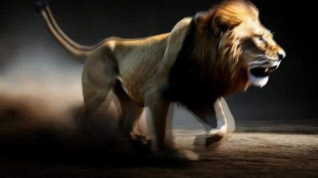 Scenes of A lion is running through the air, kicking up dust and debris, smooth repetitive motion for background video animation