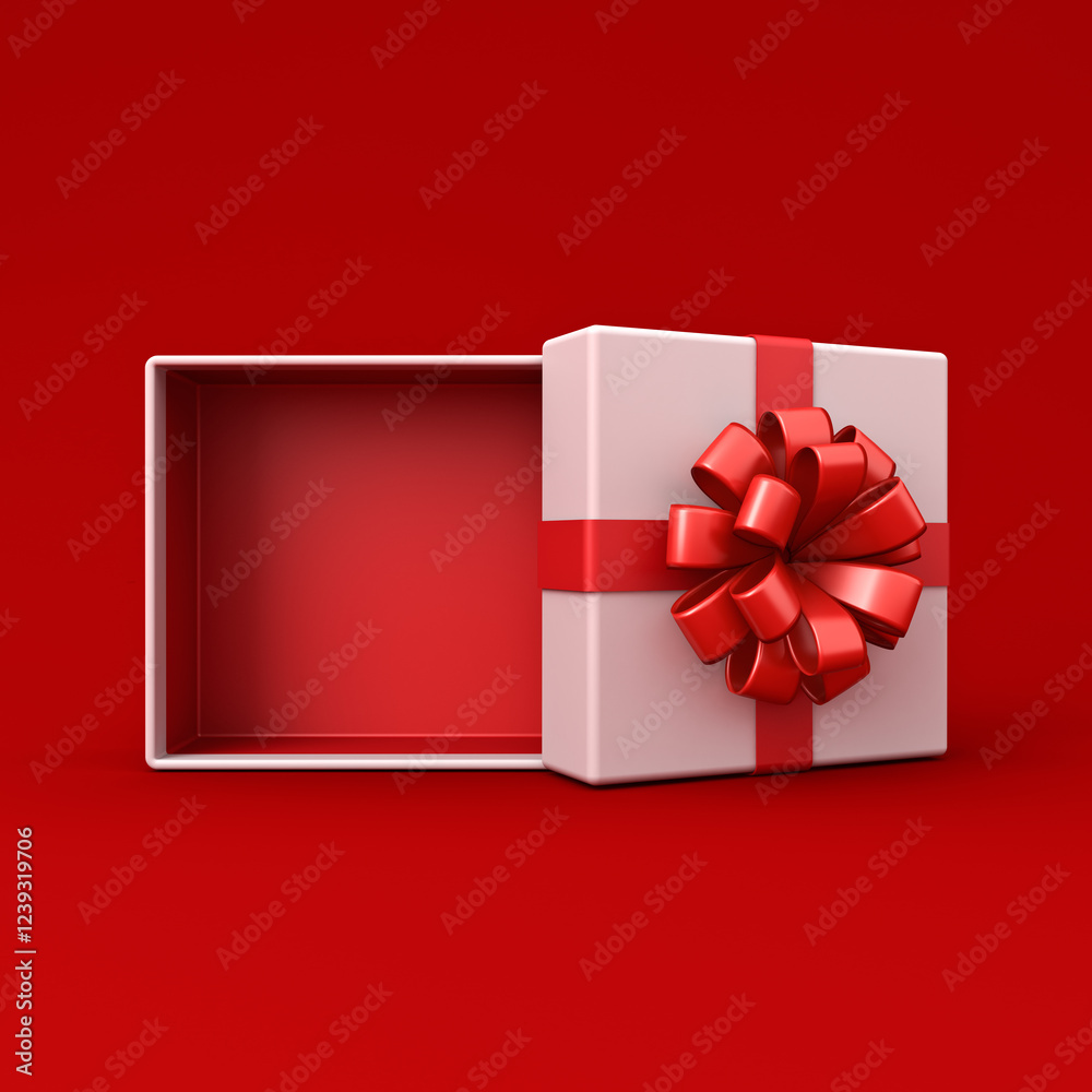 Poster Blank white open gift box or blank product display present box mockup showcase stand tied with red ribbon bow isolated on dark red background with shadow minimal valentines day conceptual 3D rendering