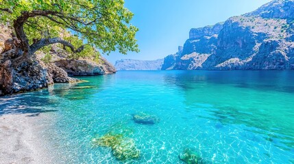 Fototapeta premium Secluded cove, turquoise water, sunny day, rocky mountains. Ideal for travel brochures