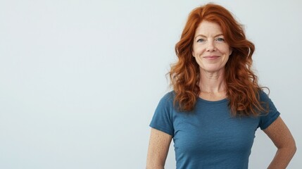 Confident middle-aged woman with long, curly auburn hair smiles gently against a light gray background. She's wearing a simple teal t-shirt.