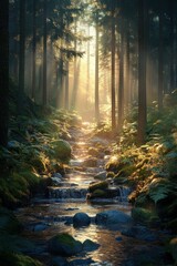 Fototapeta premium Sunlight filters through trees over a forest stream