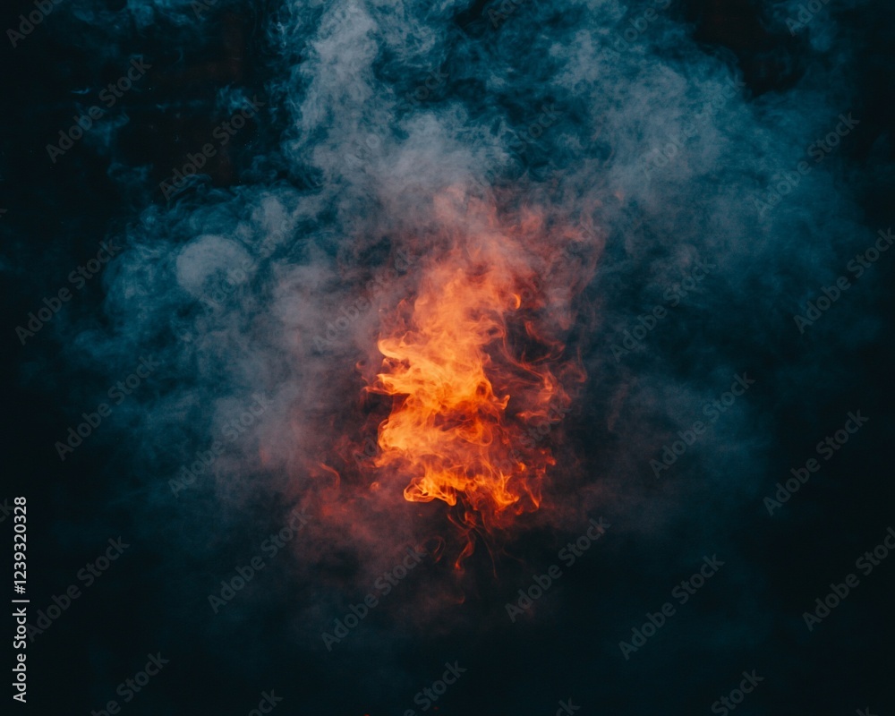 Poster fiery embers glowing in smoke at night; background dark. use abstract background