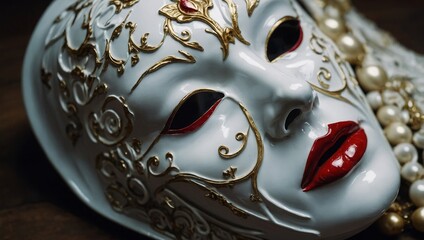 A close-up of a white porcelain mask with intricate gold detailing, red lips, and delicate patterns
