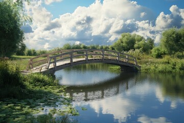 Wooden bridge over calm water surrounded by lush greenery and vibrant clouds