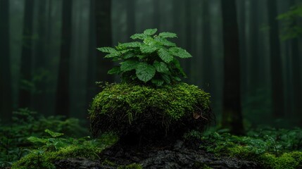 Young plant growing on mossy forest floor