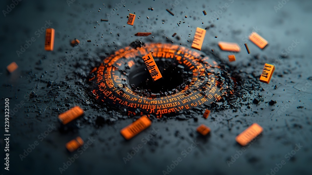 Poster shimmering cascading vortices of computer script and digital symbols coalescing on a blackened void 