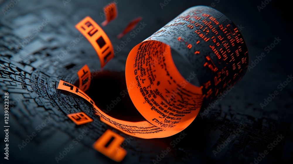 Poster shimmering cascading vortices of computer script and digital symbols coalescing on a blackened void 