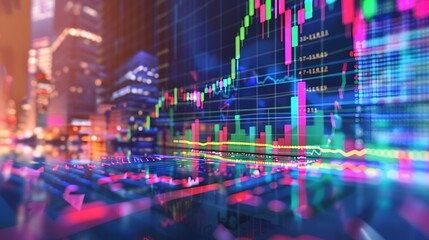 Digital interface showing real-time stock price changes, vibrant visuals and dynamic colors capturing market volatility.