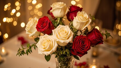 Obraz premium Elegant red and white roses in crystal vase with golden lights dreamy atmosphere