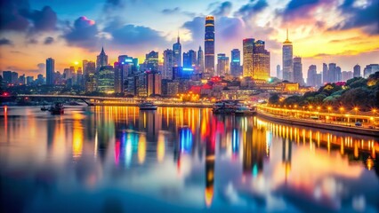 Fototapeta premium Yangtze River Cityscape at Dusk: Bokeh Lights & Urban Reflections - Stunning Stock Photo