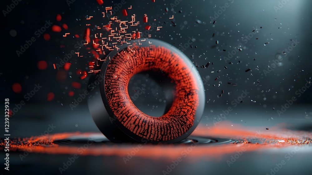 Poster shimmering vortices of computer script and digital symbols flow across a mysterious landscape evokin