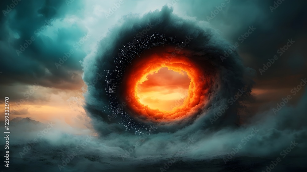 Poster shimmering vortices of computer script and digital symbols flow across a mysterious landscape evokin