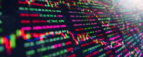 Digital interface with colorful, fluctuating stock prices, reflecting market volatility with clear and dynamic visuals.