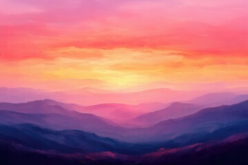 Fototapeta premium Colorful sunset over distant mountains with soft clouds