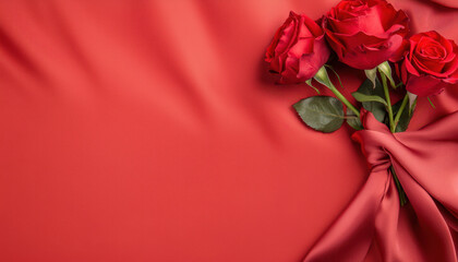 Happy Valentines Day background, bouquet of red roses tied with silk ribbon on red background, creating romantic and elegant atmosphere perfect for special occasions