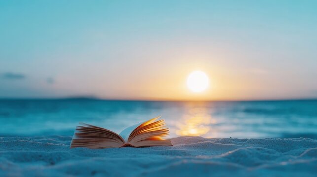 An open book rests on soft, golden sand during dusk, capturing the beauty of nature's transitions and the joy of reading in tranquil settings by the sea.