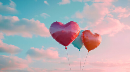 Fototapeta premium A heart-shaped balloon released into the sky for Valentine's Day, beautiful helium balloons in various colors and patterns that look fantastic.