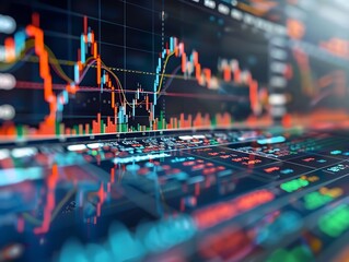Digital interface with dynamic stock prices, vibrant colors and sharp visuals reflecting market volatility.