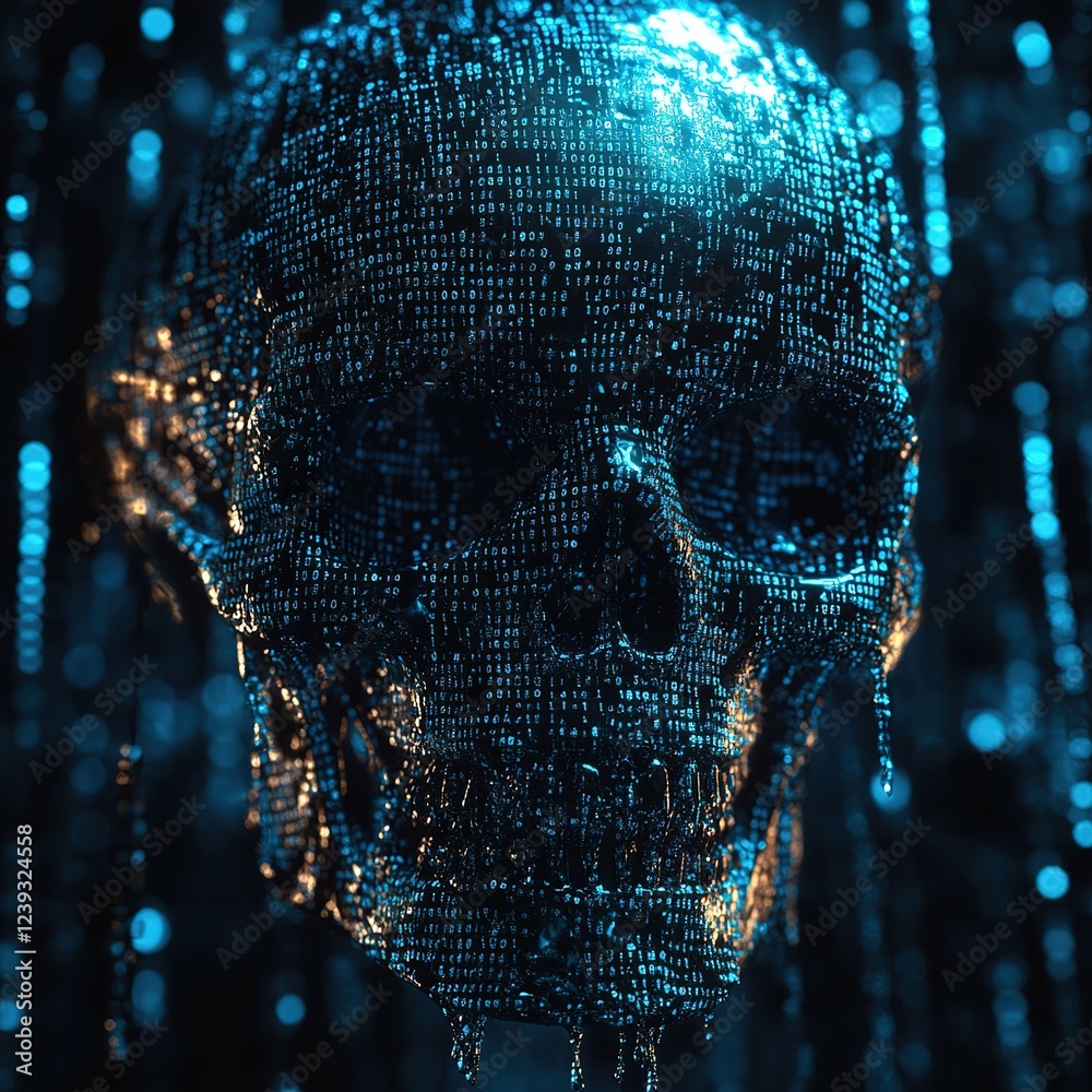 Poster digital skull visualization virtual space 3d render futuristic environment close-up view data and te