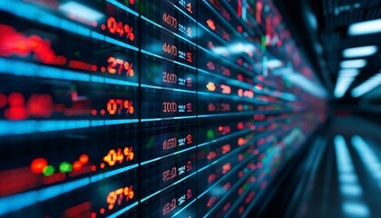 Naklejka premium A sleek, vibrant digital screen showcasing real-time stock price changes, capturing financial volatility with clear visuals.