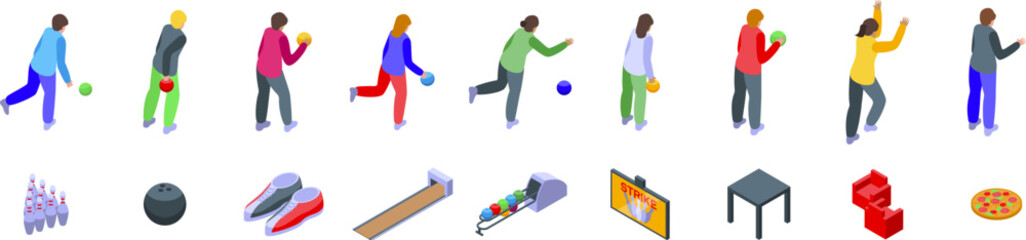 People playing bowling icons set. Bowling players throwing balls, celebrating strikes and isometric icons of bowling equipment, shoes, food and furniture
