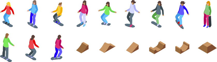 Girl skateboard icons set. Isometric skaters riding skateboards and various skatepark ramps, perfect for illustrating urban sports, skateboarding culture, or youth activities © ylivdesign
