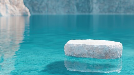 White stone platform on tranquil lake, mountain backdrop; product display