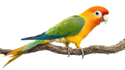 Sun Conure parrot perched on branch, isolated white background, exotic bird, wildlife photography