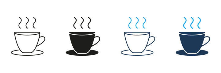 Steaming Cup on Saucer Line and Silhouette Icon Set. Hot Beverage Coffee or Tea Symbol. Warm Drink with Saucer. Editable Stroke. Isolated Vector Illustration