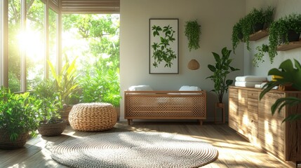Obraz premium Sunlit nursery, plants, jungle view, calm