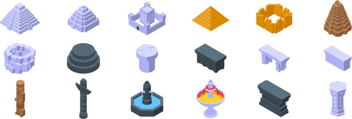 Stone altar icons set. Isometric set of ancient buildings, including mayan pyramids, castles, fountains, and columns, showcasing architectural heritage