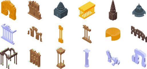 Ancient ruin icons set. Isometric icons representing various ancient ruins, showcasing architectural remnants and historical landmarks