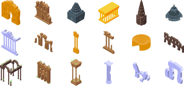 Ancient ruin icons set. Isometric icons representing various ancient ruins, showcasing architectural remnants and historical landmarks
