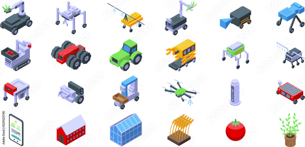 Poster robot harvests icons set. modern agricultural robots, drones, and automated systems are transforming