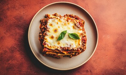Layers of pasta with rich meat sauce and melted cheese on a plate