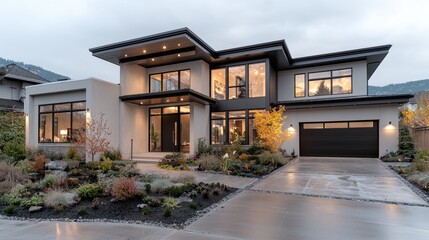 Modern house, autumn evening, landscaped garden, mountain view, real estate