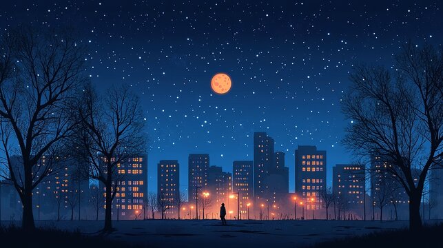 Nighttime cityscape serenity urban landscape starry sky digital art calm environment wide view dreamy concept