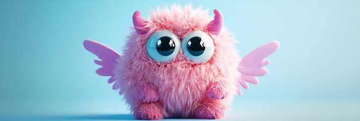 A fluffy pink monster with oversized googly eyes and tiny wings, sitting on a pastel blue background, smiling mischievously. 