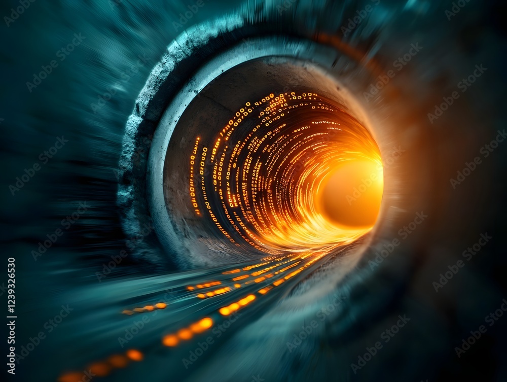 Poster swirling digital data flowing through a shadowy technological environment symbolizing the dynamic na