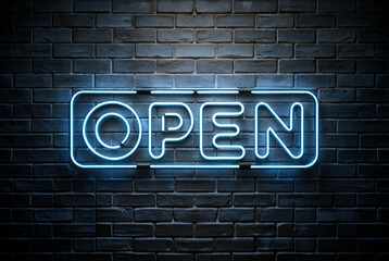 Obraz premium Blue Neon Open Sign on Brick Wall at Night