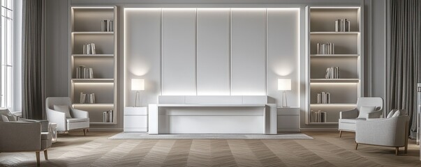 Fototapeta premium A minimalist bedroom with a headboard consisting of white panels framed by soft gray lines
