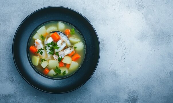Delicious Uha fish soup served in a dark blue bowl with fresh ingredients