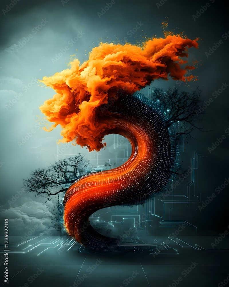 Poster swirling vortexes of computer script and digital symbols materialize against a mysterious backdrop o
