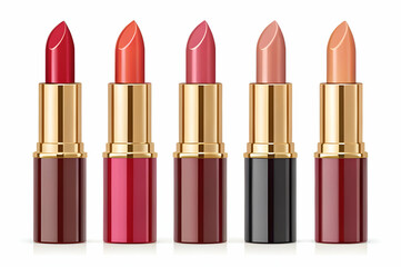 Obraz premium Five Lipsticks in Red, Pink, Nude, Coral, and Brown Shades with Gold Caps on White Background
