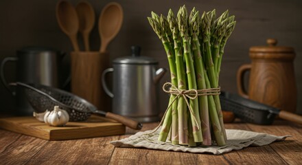 Fresh asparagus bundle on rustic kitchen counter with culinary utensils