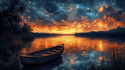 Fototapeta premium Serene sunset reflection with a canoe on tranquil lake nature photography outdoor peaceful atmosphere