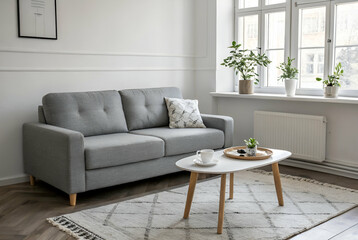 Obraz premium Modern Gray Sofa in a Minimalist Living Room with White Walls